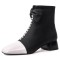 Square Toe Chunky Heels Shiny Pearls Side Zipper Ankle High Boots - Black