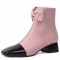 Square Toe Chunky Heels Shiny Pearls Side Zipper Ankle High Boots - Pink