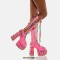 Round Toe Chunky Heels Platform Sweet Lace Up Rainbow Knee Highs Summer Boots - Pink