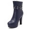 Round Toe Cuban Chunky Heels Platforms Ankle High Rivet Buckle Straps Autumn Boots - Blue