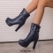Round Toe Cuban Chunky Heels Platforms Ankle High Rivet Buckle Straps Autumn Boots - Blue