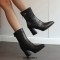 Pointed Toe Chunky Heels Buckle Straps Decorated Crocodile Print Ankle Highs Western Boots - Black
