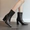 Pointed Toe Chunky Heels Buckle Straps Decorated Crocodile Print Ankle Highs Western Boots - Black