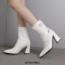 Pointed Toe Chunky Heels Buckle Straps Decorated Crocodile Print Ankle Highs Western Boots - White