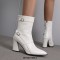Pointed Toe Chunky Heels Buckle Straps Decorated Crocodile Print Ankle Highs Western Boots - White