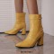 Pointed Toe Chunky Heels Buckle Straps Decorated Crocodile Print Ankle Highs Western Boots - Yellow