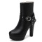 Round Toe Cuban Block Heels Platforms Ankle High Rivet Buckle Straps Boots - Black