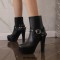 Round Toe Cuban Block Heels Platforms Ankle High Rivet Buckle Straps Boots - Black