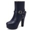 Round Toe Cuban Block Heels Platforms Ankle High Rivet Buckle Straps Boots - Blue