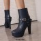 Round Toe Cuban Block Heels Platforms Ankle High Rivet Buckle Straps Boots - Blue
