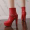 Round Toe Cuban Block Heels Platforms Ankle High Rivet Buckle Straps Boots - Red