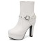 Round Toe Cuban Block Heels Platforms Ankle High Rivet Buckle Straps Boots - White