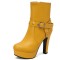 Round Toe Cuban Block Heels Platforms Ankle High Rivet Buckle Straps Boots - Yellow