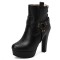 Round Toe Cuban Block Heels Platforms Ankle High O Ring Buckle Straps Boots - Black
