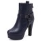 Round Toe Cuban Block Heels Platforms Ankle High O Ring Buckle Straps Boots - Blue