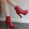 Round Toe Cuban Block Heels Platforms Ankle High O Ring Buckle Straps Boots - Red