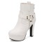 Round Toe Cuban Block Heels Platforms Ankle High O Ring Buckle Straps Boots - White