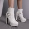Round Toe Cuban Block Heels Platforms Ankle High O Ring Buckle Straps Boots - White