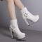 Round Toe Cuban Block Heels Platforms Ankle High O Ring Buckle Straps Boots - White