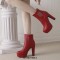 Round Toe Cuban Heels Side Zipper Ankle Highs Rhinestones Platforms Chelsea Boots - Red
