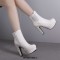 Round Toe Cuban Heels Side Zipper Ankle Highs Rhinestones Platforms Chelsea Boots - White