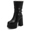 Square Toe Chunky Heels Side Zipper Ankle Highs Trible Buckle Straps Platforms Boots - Black