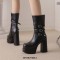 Square Toe Chunky Heels Side Zipper Ankle Highs Trible Buckle Straps Platforms Boots - Black