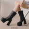 Square Toe Chunky Heels Side Zipper Ankle Highs Trible Buckle Straps Platforms Boots - Black