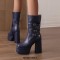 Square Toe Chunky Heels Side Zipper Ankle Highs Trible Buckle Straps Platforms Boots - Blue