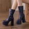 Square Toe Chunky Heels Side Zipper Ankle Highs Trible Buckle Straps Platforms Boots - Blue