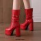 Square Toe Chunky Heels Side Zipper Ankle Highs Trible Buckle Straps Platforms Boots - Red