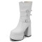 Square Toe Chunky Heels Side Zipper Ankle Highs Trible Buckle Straps Platforms Boots - White