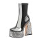 Square Toe Chunky Heels Rhinestones Side Zipper Platforms Ankle Highs Boots - Black