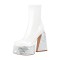Square Toe Chunky Heels Rhinestones Side Zipper Platforms Ankle Highs Boots - White