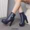 Round Toe Cuban Heels Side Zipper Ankle Highs Buckle Straps Platforms Chelsea Boots - Blue