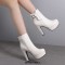 Round Toe Cuban Heels Side Zipper Ankle Highs Buckle Straps Platforms Chelsea Boots - White