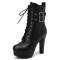 Round Toe Cuban Heels Side Zipper Ankle Highs Double Buckle Straps Lace Up Platforms Boots - Black