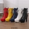 Round Toe Cuban Heels Side Zipper Ankle Highs Double Buckle Straps Lace Up Platforms Boots - Yellow