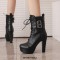 Round Toe Cuban Heels Side Zipper Ankle Highs Double Buckle Straps Lace Up Platforms Boots - Black