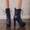 Round Toe Cuban Heels Side Zipper Ankle Highs Double Buckle Straps Lace Up Platforms Boots - Blue