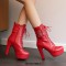 Round Toe Cuban Heels Side Zipper Ankle Highs Double Buckle Straps Lace Up Platforms Boots - Red