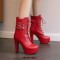 Round Toe Cuban Heels Side Zipper Ankle Highs Double Buckle Straps Lace Up Platforms Boots - Red
