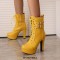 Round Toe Cuban Heels Side Zipper Ankle Highs Double Buckle Straps Lace Up Platforms Boots - Yellow