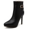 Pointed Toe Stiletto Heels Side Zipper Ankle Highs Decorated Straps Boots - Black