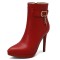 Pointed Toe Stiletto Heels Side Zipper Ankle Highs Decorated Straps Boots - Red