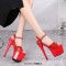 Peep Toe Glossy Stiletto Heels Ankle Buckle Straps Platforms Sandals - Red PVC