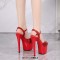 Peep Toe Glossy Stiletto Heels Ankle Buckle Straps Platforms Sandals - Red PVC