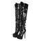 Round Toe Platforms Stiletto Heels Over The Knee Thigh High Stiletto Buckle Straps Side Zipper Punk Gothic Boots - Black Patent
