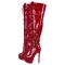 Round Toe Platforms Stiletto Heels Over The Knee Thigh High Stiletto Buckle Straps Side Zipper Punk Gothic Boots - Red Patent