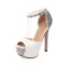 Peep Toe Glitters Stiletto Heels Platforms Ankle Buckle Straps Pumps - White Patent